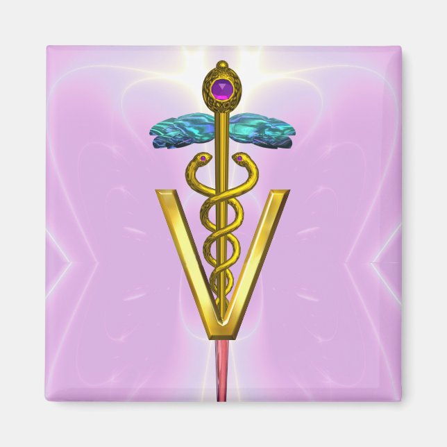 GOLDEN CADUCEUS VETERINARY SYMBOL Pink Magnet (Front)