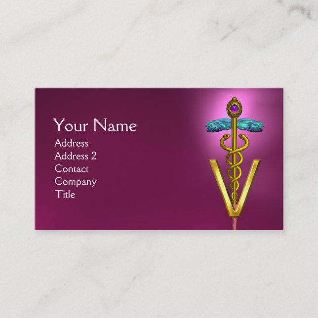 GOLDEN CADUCEUS VETERINARY SYMBOL / Pink Purple Business Card (Front)
