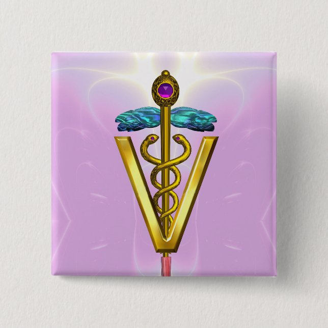 GOLDEN CADUCEUS VETERINARY SYMBOL / Pink White 15 Cm Square Badge (Front)