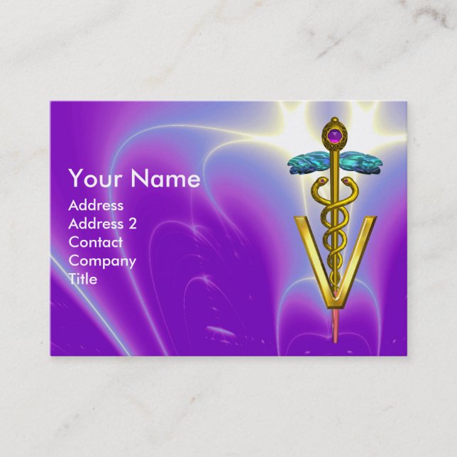 GOLDEN CADUCEUS VETERINARY SYMBOL / Purple Blue Business Card (Front)