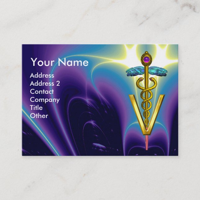 GOLDEN CADUCEUS VETERINARY SYMBOL / Purple Blue Business Card (Front)