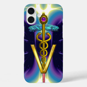 GOLDEN CADUCEUS VETERINARY SYMBOL / Purple Blue iPhone 16 Plus Case