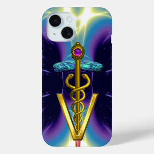 GOLDEN CADUCEUS VETERINARY SYMBOL / Purple Blue iPhone 15 Case