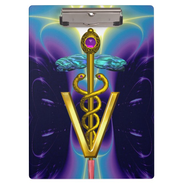 GOLDEN CADUCEUS VETERINARY SYMBOL / Purple Blue Clipboard (Front)