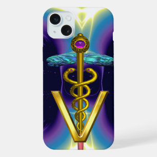 GOLDEN CADUCEUS VETERINARY SYMBOL / Purple Blue iPhone 15 Plus Case
