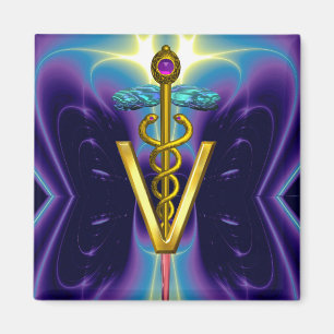 GOLDEN CADUCEUS VETERINARY SYMBOL / Purple Blue Magnet