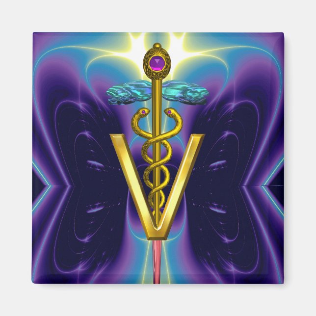 GOLDEN CADUCEUS VETERINARY SYMBOL / Purple Blue Magnet (Front)