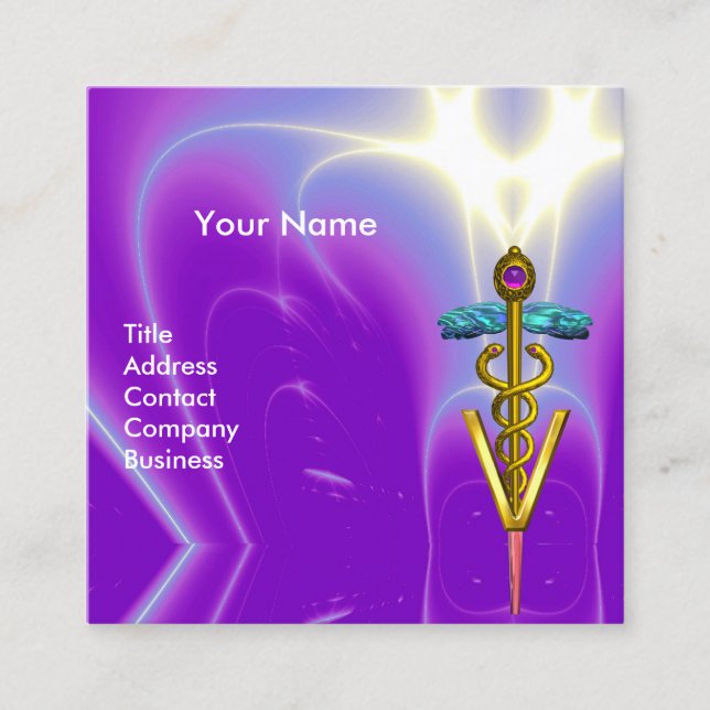 GOLDEN CADUCEUS VETERINARY SYMBOL Purple Blue Vet Square Business Card (Front)