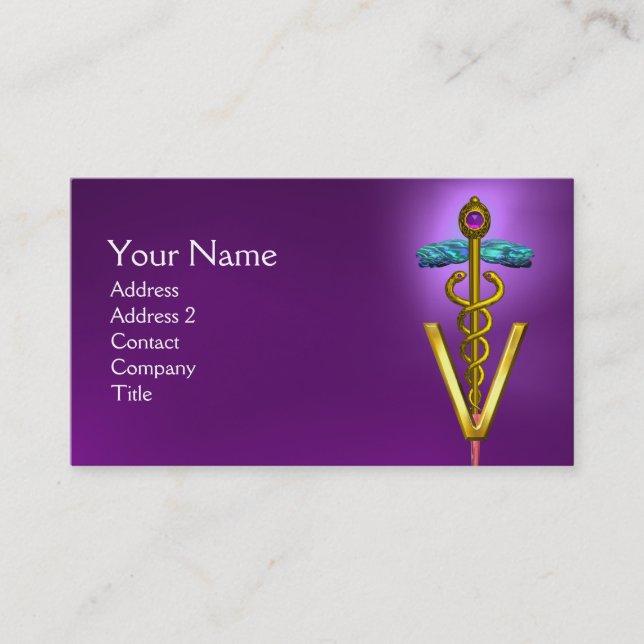GOLDEN CADUCEUS VETERINARY SYMBOL / Purple Business Card (Front)