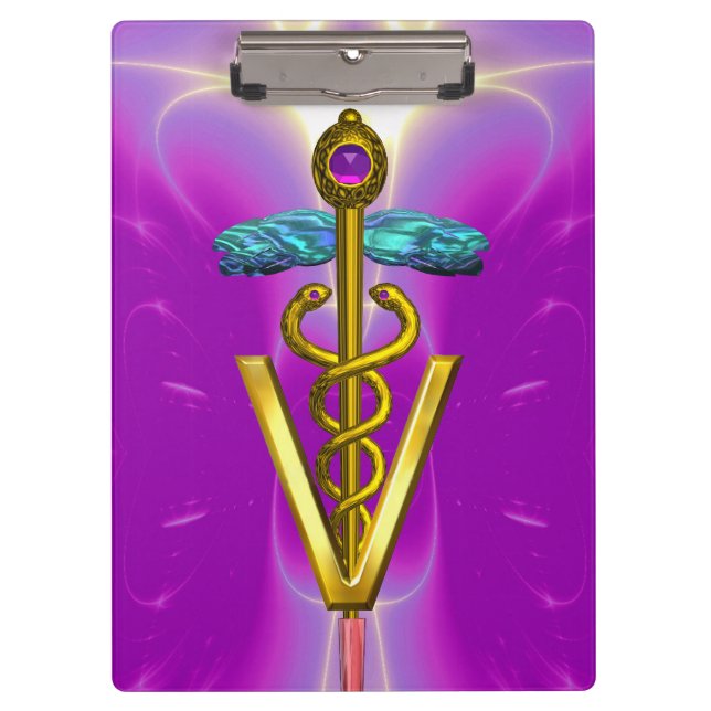 GOLDEN CADUCEUS VETERINARY SYMBOL / Purple Fuchsia Clipboard (Front)