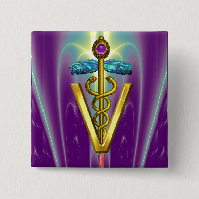 GOLDEN CADUCEUS VETERINARY SYMBOL / Purple Green 15 Cm Square Badge (Front)