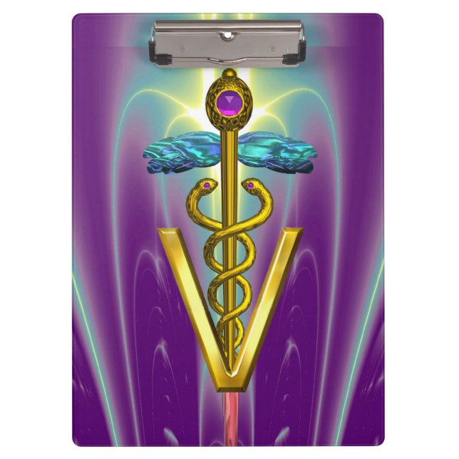 GOLDEN CADUCEUS VETERINARY SYMBOL / Purple Green Clipboard (Front)