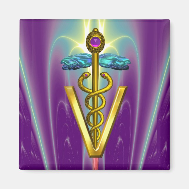 GOLDEN CADUCEUS VETERINARY SYMBOL / Purple Green Magnet (Front)