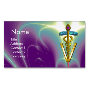 GOLDEN CADUCEUS VETERINARY SYMBOL / Purple Green Magnetic Business Card
