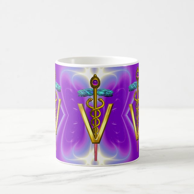 GOLDEN CADUCEUS VETERINARY SYMBOL Purple Teal Blue Coffee Mug (Center)