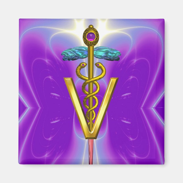 GOLDEN CADUCEUS VETERINARY SYMBOL Purple Teal Blue Magnet (Front)