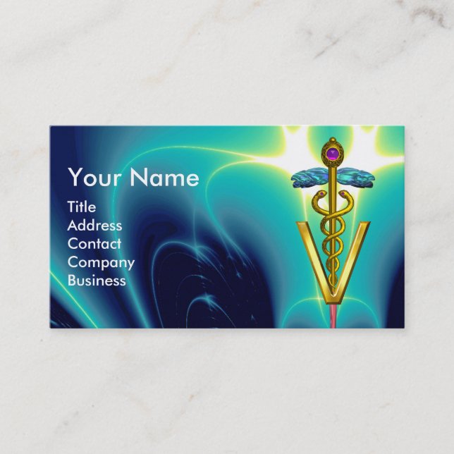 GOLDEN CADUCEUS VETERINARY SYMBOL /Teal Blue Business Card (Front)