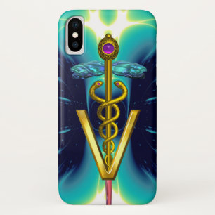 GOLDEN CADUCEUS VETERINARY SYMBOL / Teal Blue iPhone X Case