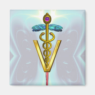 GOLDEN CADUCEUS VETERINARY SYMBOL  Teal Blue Magnet