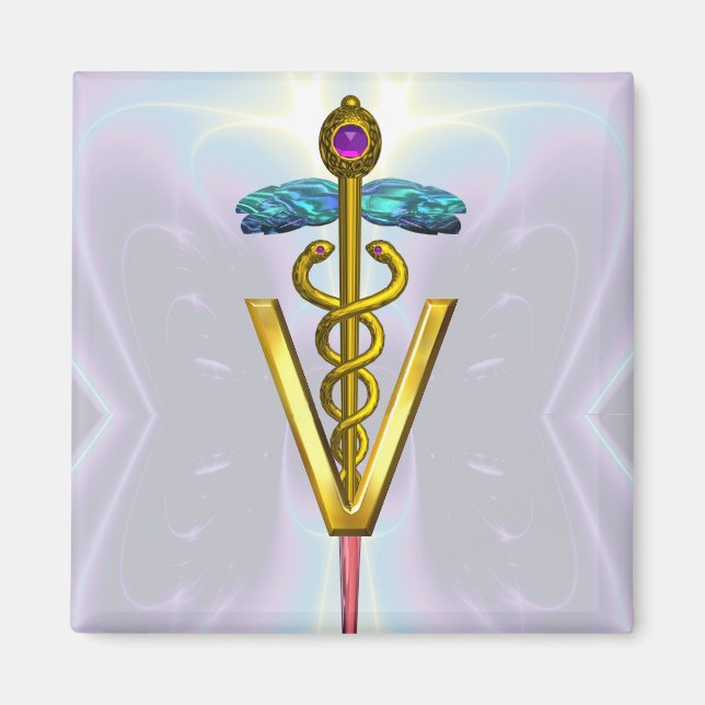 GOLDEN CADUCEUS VETERINARY SYMBOL  Teal Blue Magnet (Front)