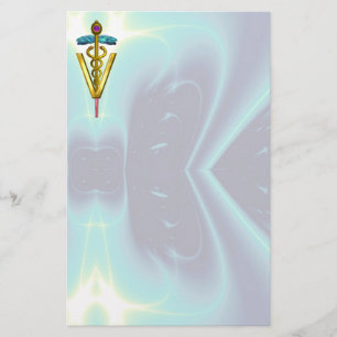 GOLDEN CADUCEUS VETERINARY SYMBOL / Teal Blue Stationery