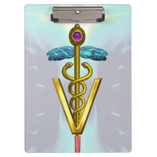 GOLDEN CADUCEUS VETERINARY SYMBOL /Teal Blue White Clipboard