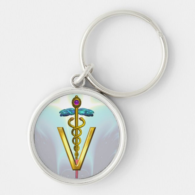GOLDEN CADUCEUS VETERINARY SYMBOL Teal Blue White Key Ring (Front)