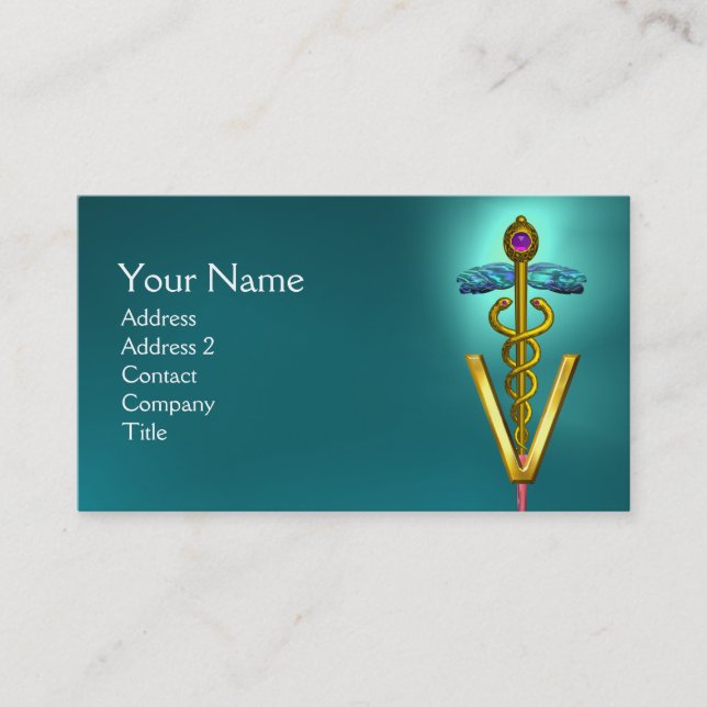 GOLDEN CADUCEUS VETERINARY SYMBOL / Turquoise Blue Business Card (Front)