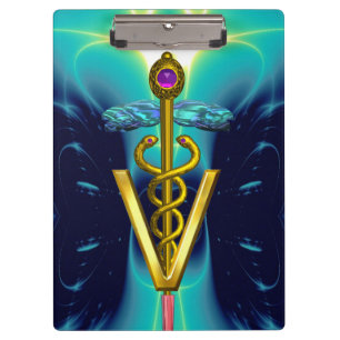 GOLDEN CADUCEUS VETERINARY SYMBOL /Turquoise Blue Clipboard