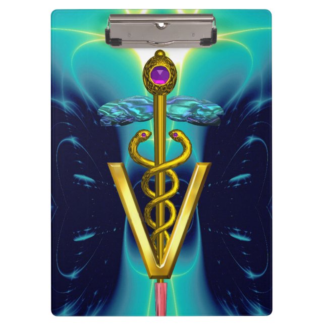 GOLDEN CADUCEUS VETERINARY SYMBOL /Turquoise Blue Clipboard (Front)