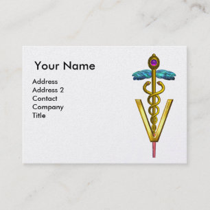 GOLDEN CADUCEUS VETERINARY SYMBOL / White Fuchsia Business Card