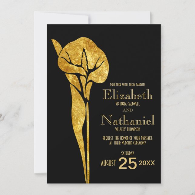 Golden Calla Lily 1920 Art Deco Wedding Invitation (Front)