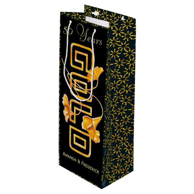 Golden Calla Lily 50th Wedding Anniversary Custom Wine Gift Bag (Front Angled)
