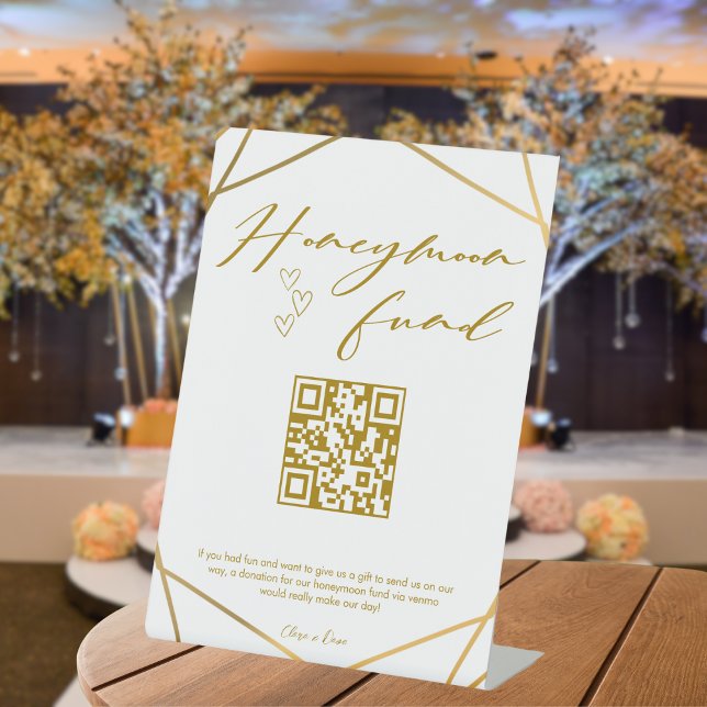Golden Calligraphy Honeymoon Fund QR Code Wedding Pedestal Sign (Creator Uploaded)
