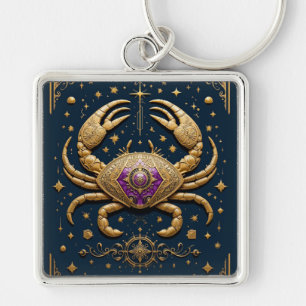 Golden Cancer Zodiac Symbol on Dark Background Key Ring