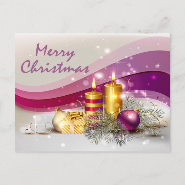 Golden Candle Christmas Balls in Purple Background Holiday Postcard (Front)