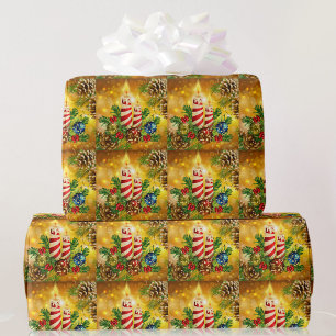 Golden Candlelight Christmas Candles Pinecones Wrapping Paper