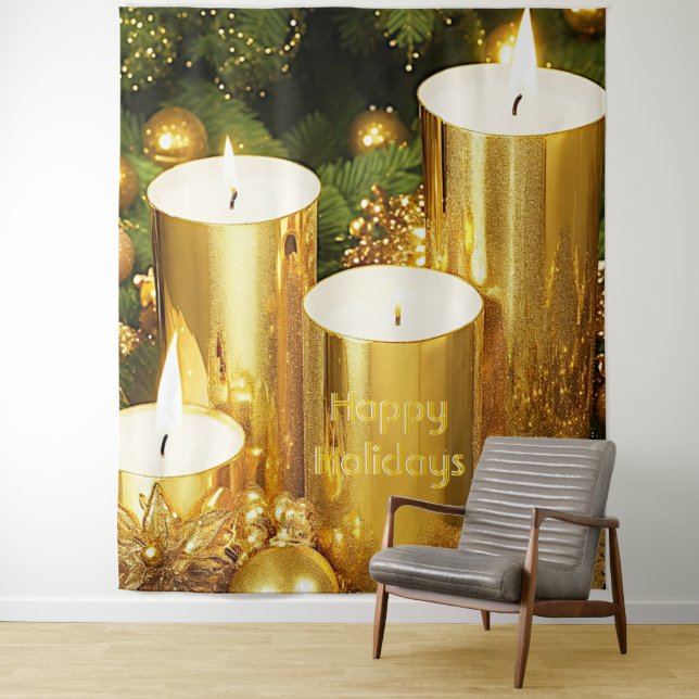Golden Candles Christmas Holiday Backdrop Tapestry (In Situ)