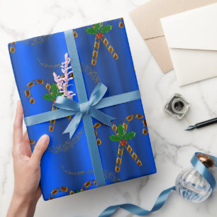 Golden Candy Canes on Blue Christmas Wrapping Paper