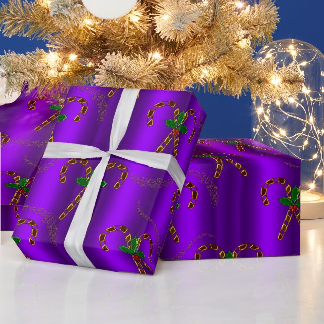 Golden Candy Canes on Purple Christmas Wrapping Paper (Holidays)