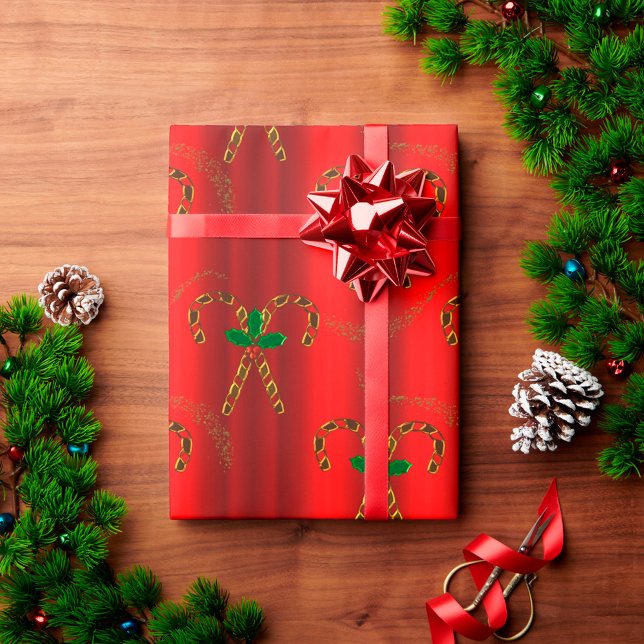 Golden Candy Canes on Red Christmas Wrapping Paper (Creator Uploaded)