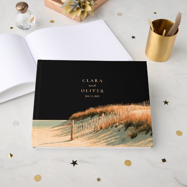 Golden Cape Cod Dune Fence Sand Coast Wedding  Guest Book (Front Open)