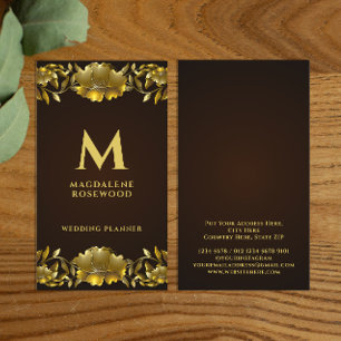 Golden Carved Flowers Frame Name Initial Business Card