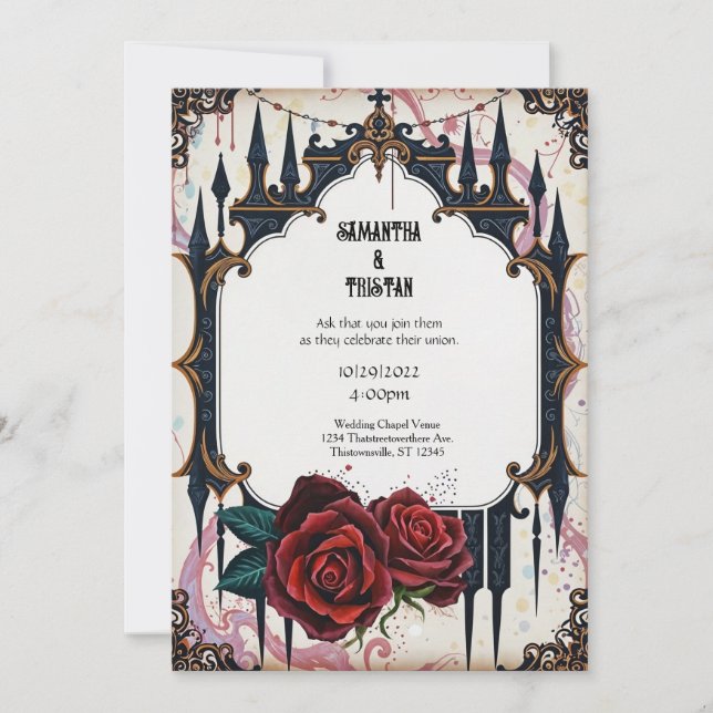 Golden Castle and Roses Gothic Wedding Invitation (Front)