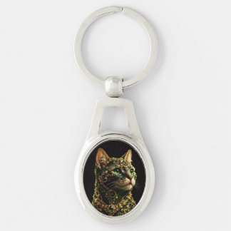 Golden Cat Green Eyes Elegant Art Key Ring