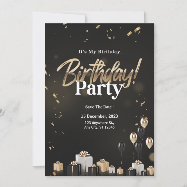 Golden Celebration Black and Gold  Birthday Invitation (Front)