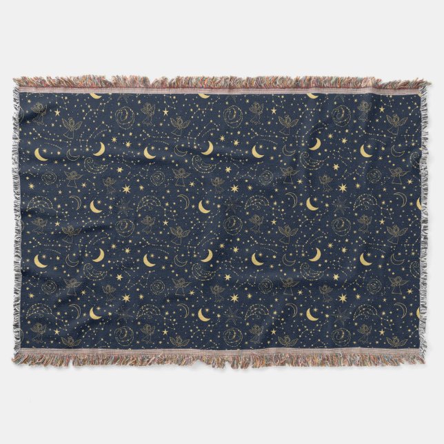 Golden Celestial Angels & Constellation Throw Blanket (Front)