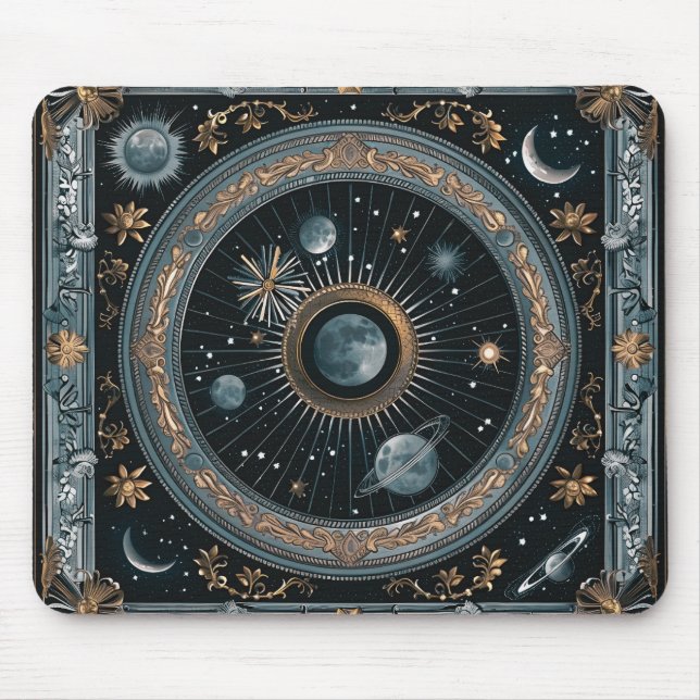 Golden Celestial Moon Orbit with Detailed Astral Mouse Mat (Front)