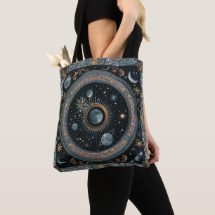 Golden Celestial Moon Orbit with Detailed Astral Tote Bag
