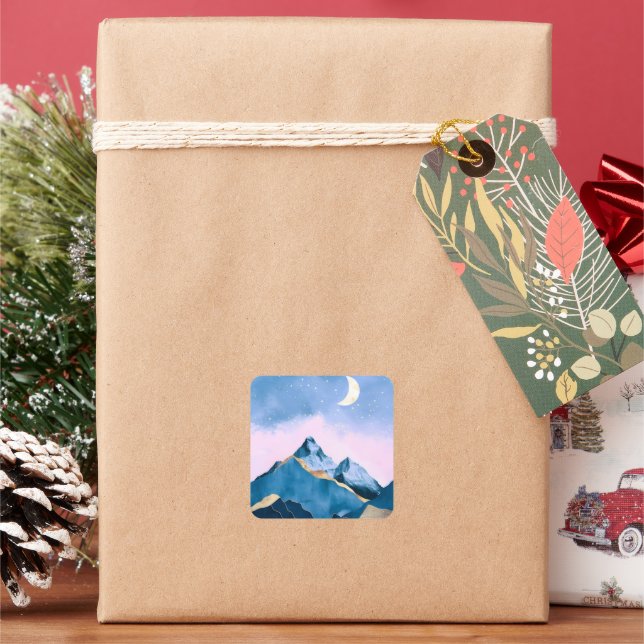 Golden Celestial Peaks Watercolor Square Sticker (Holiday)